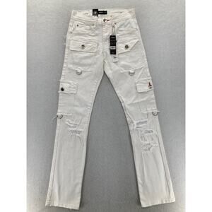Preme Jeans Mens 28x33 Semi Stacked Fit Cargo Utility White Distressed Denim Y2K